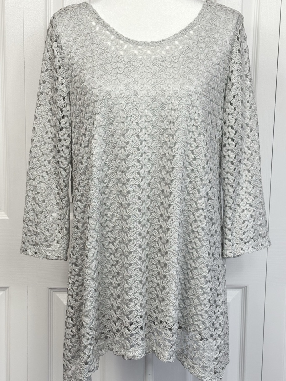JM Collection Silver Metallic Crochet Knit 3/4 Sleeve Sweater w/ Tank XL